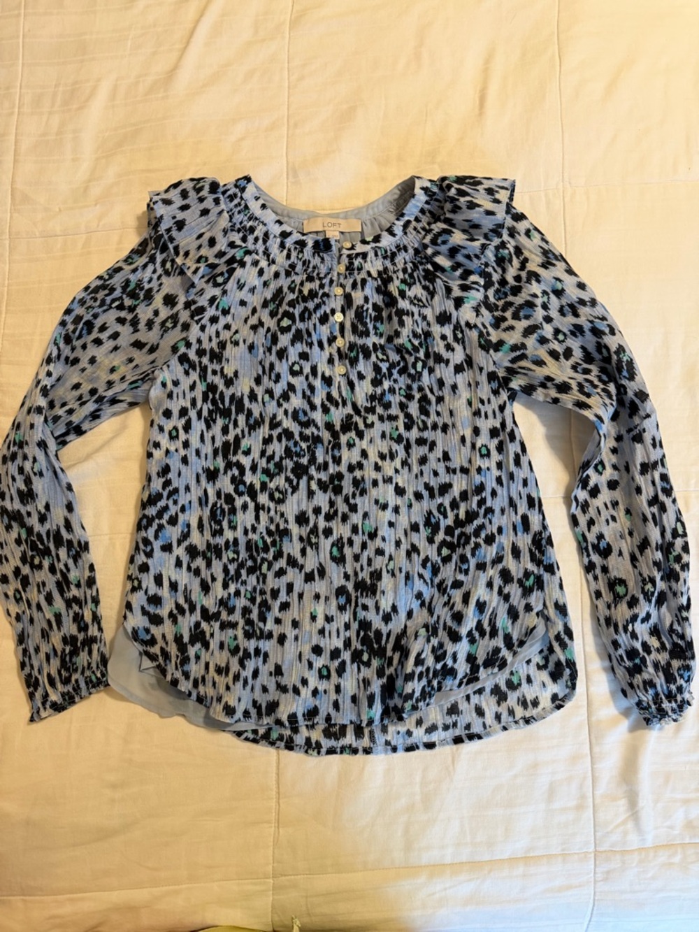 LOFT Blue Leopard-Print Ruffle Shoulder Blouse